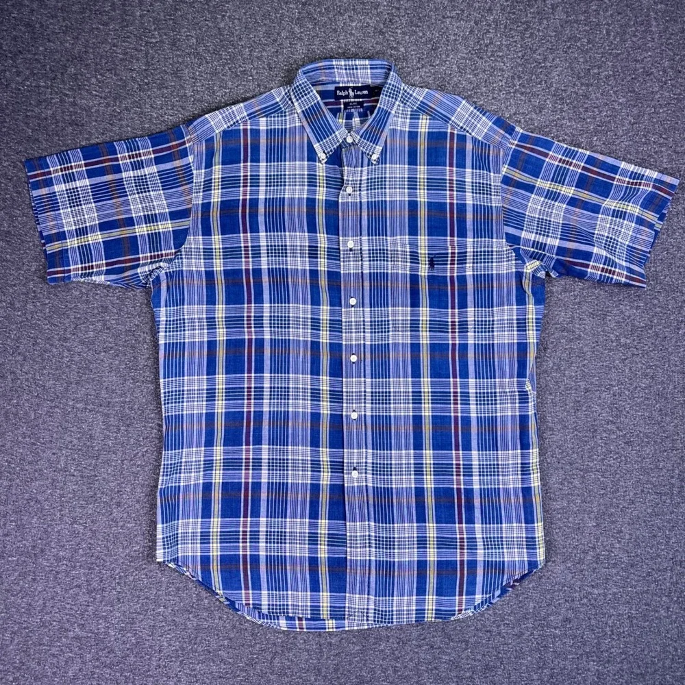 Ralph Lauren Shirt Mens L‎ Blue Plaid Blake Cotton Short Sleeve Classic Casual